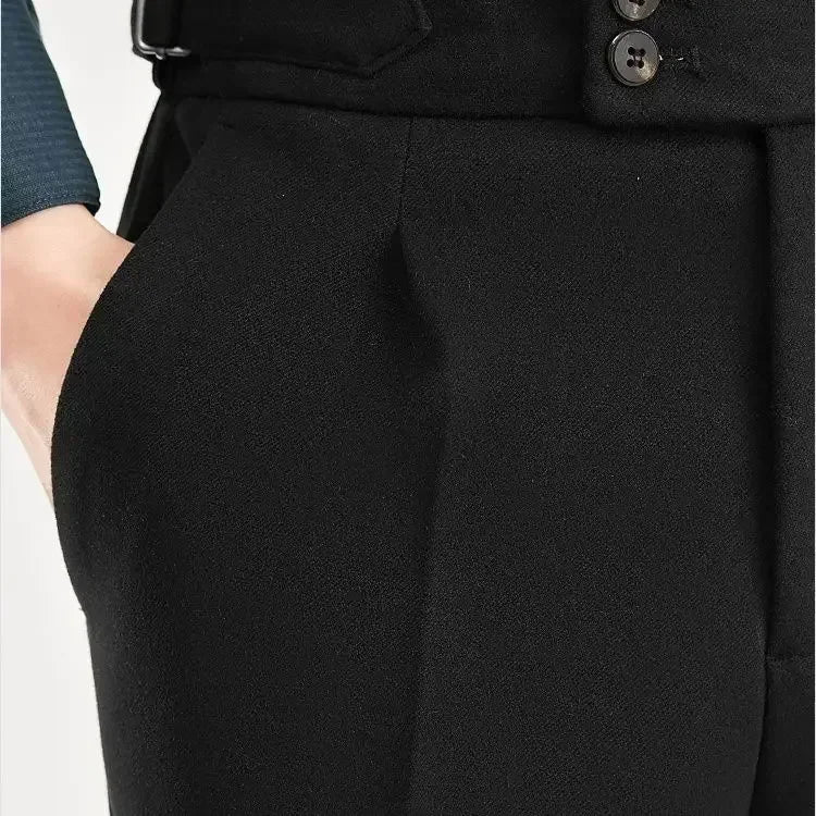 Men's Fashion High Waist Wool Trousers Tweed Casual Pockets Pants