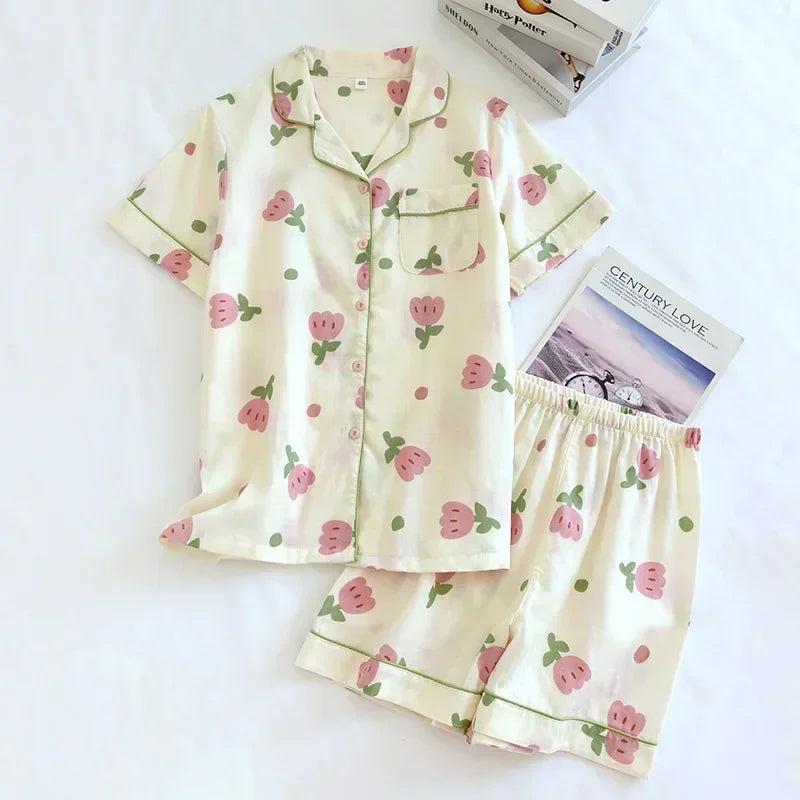 cotton short-sleeved shorts ladies pajamas set cute cartoon pajamas Japanese simple short pajamas women sleepwear