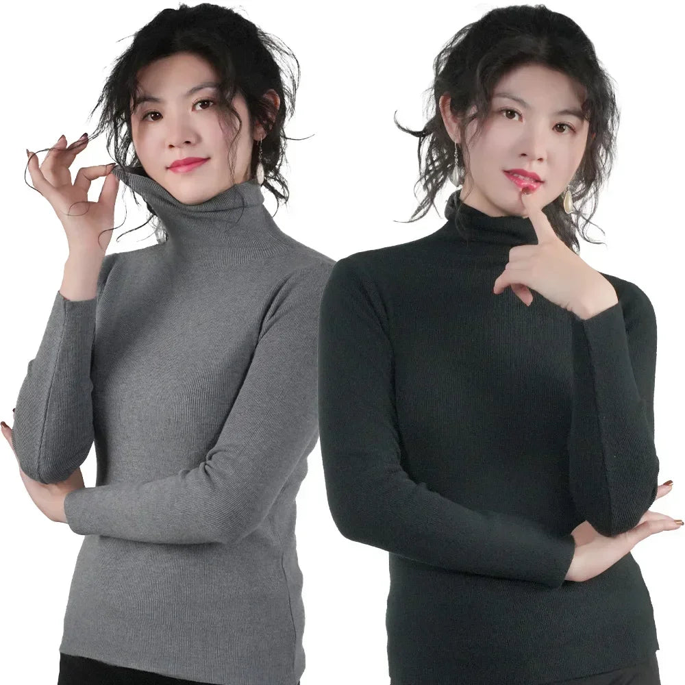 Women Long Sleeve Sweater High Collar Thermal Tops Turtleneck Woman Winter Thin Slim Jumpers Choker Sweaters