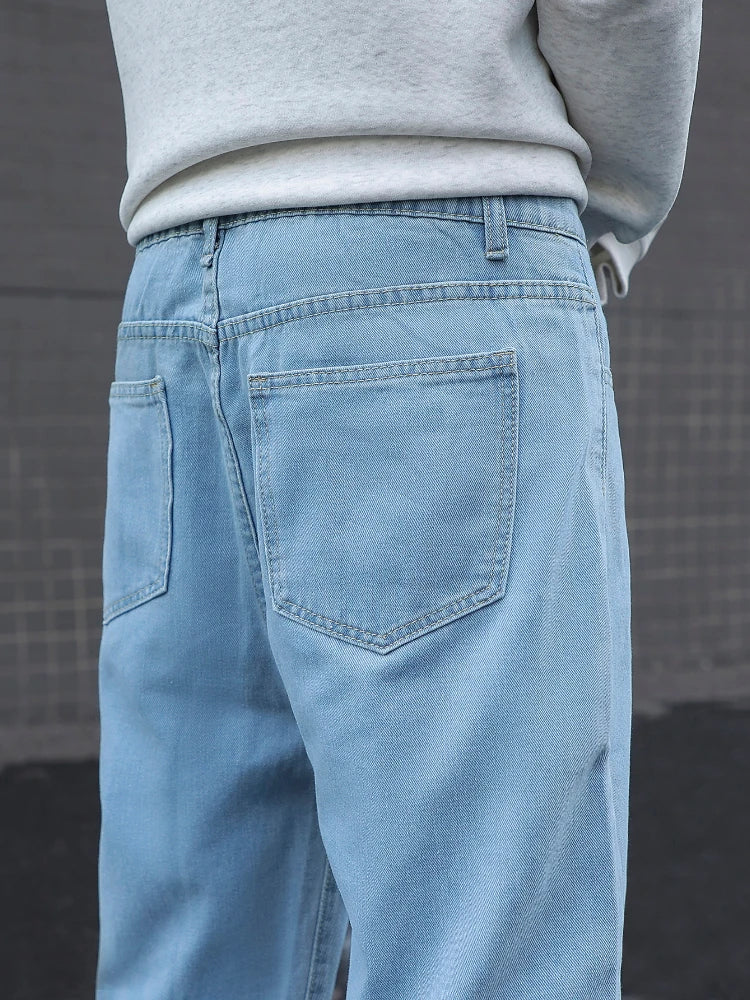 Men's Cotton Baggy Y2K Jeans Fashion Male Clothes Elastic Waist Washed Wide Leg Pants Solid Straight Loose Denim Trousers