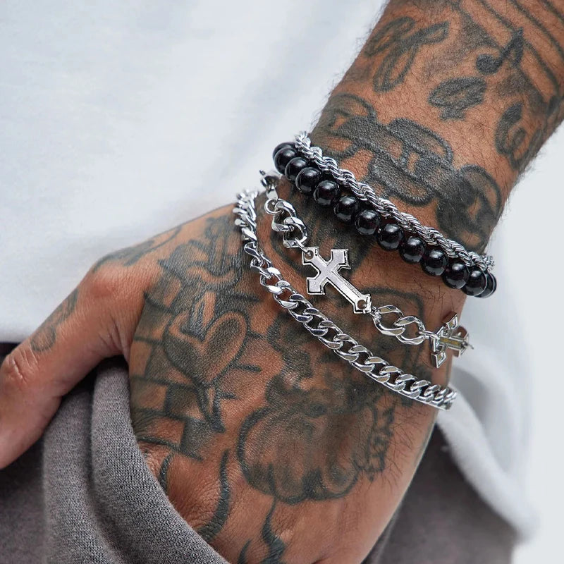 4 Pcs Stainless Steel Bracelet Set For Men Women Punk Fashion Cross Beads Chain Bracelets Simple Hip Hop Unisex Jewellery Gift