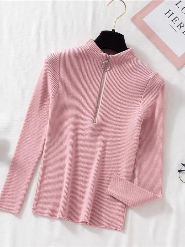 Women Fashion Solid Knitted Sweaters Vintage Long Sleeve Zip-up Basic Half Turtleneck Sweater Female Pullovers Chic Casual Tops