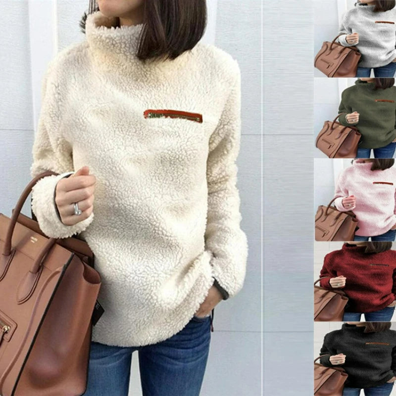 Super Soft and Comfortable Solid Color Turtleneck Pullover Women's Sweater Fashion Zipper Sexy Top Ladies Hipster Clothes