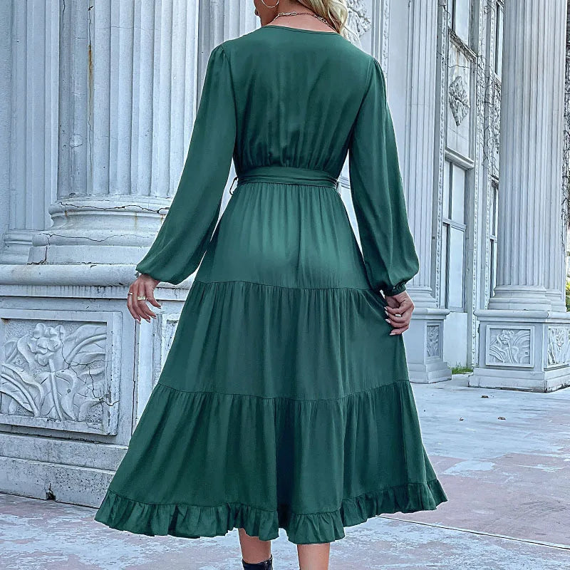 Women Casual Long Sleeve v Neck Fall Dress Bohemian Ruffled Relaxed Fit Solid Maxi Dresses Tiered Cocktail Dress