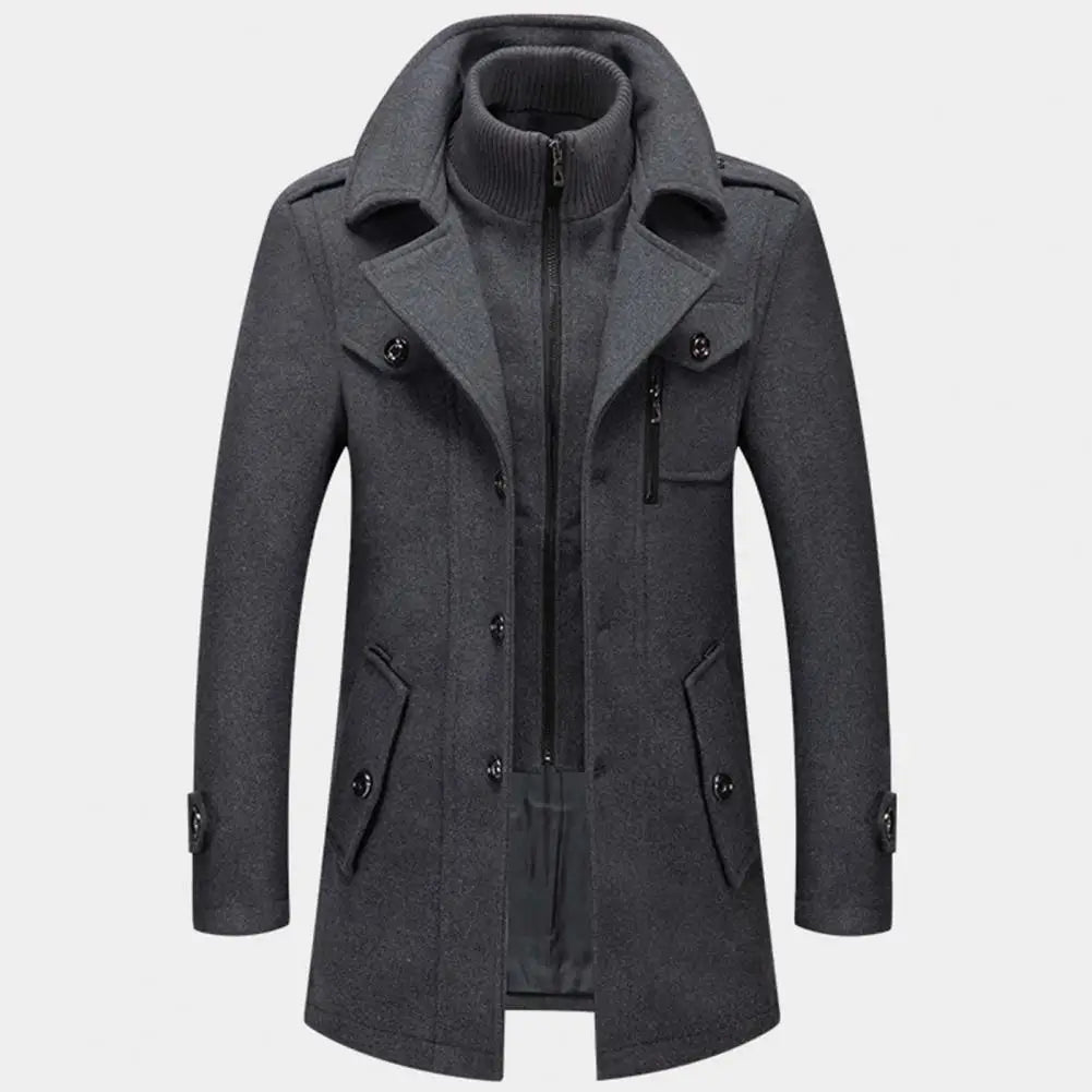 Stylish Coat Temperament Zipper Buttons Coat Solid Color Autumn Winter Men Jacket for Business