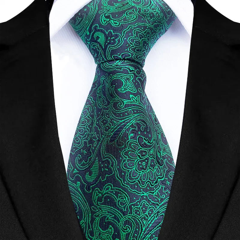 Luxury 8CM Mens Necktie Green Color Stripes Floral Solid Ties For Man Groom Jacquard Woven Neck Tie For Business Wedding Party