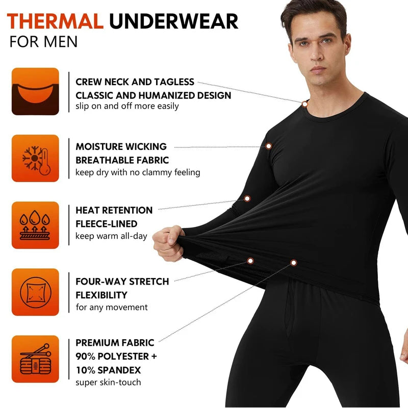 Thermal Innerwear for Men Long Johns With Fleece Lined Set Cold Weather Winter Top Bottom