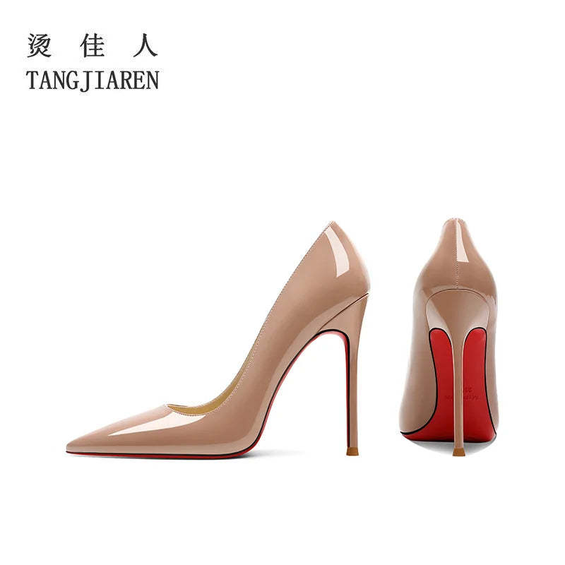 Lacquer leather wine red high heels, women's thin heels, sexy shallow mouth, large size, spring and autumn new pointed toe