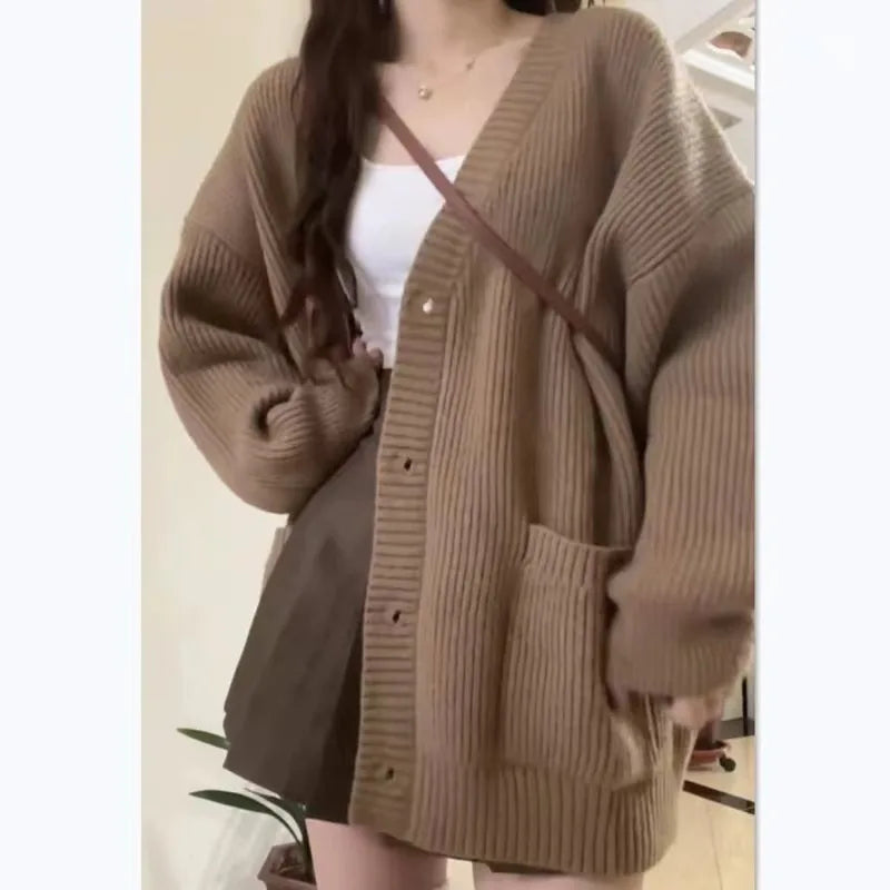 Women Cardigan Sweater Coats Fashion Female Long Sleeve V-neck Loose Knitted Jackets Casual Sweater Cardigans