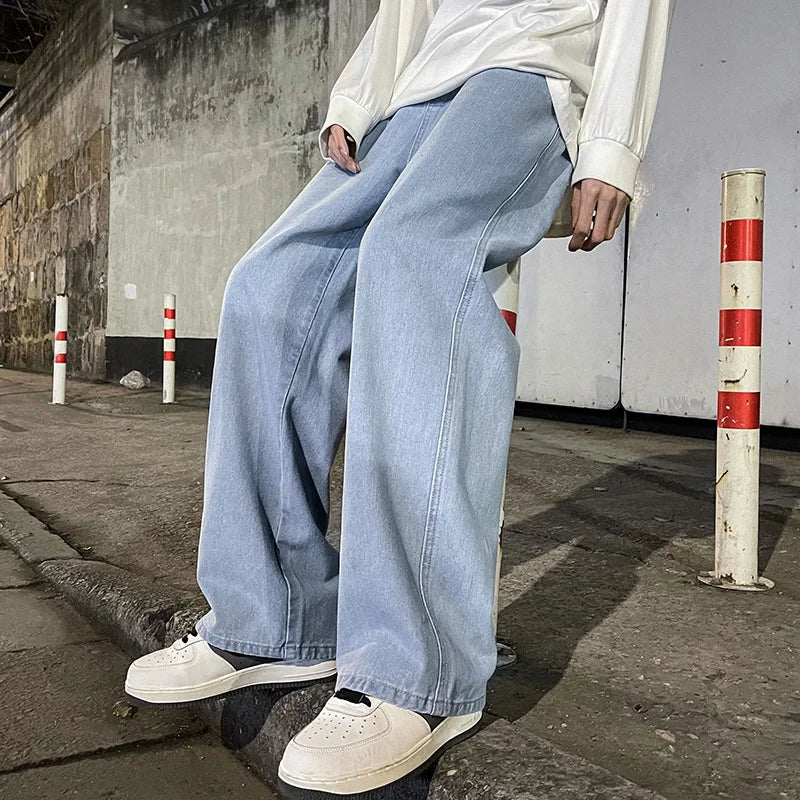 New Streetwear Loose Jeans Men Korean Style Fashion Loose Straight Wide Leg Pants Men's Brand Clothing Black Light Blue