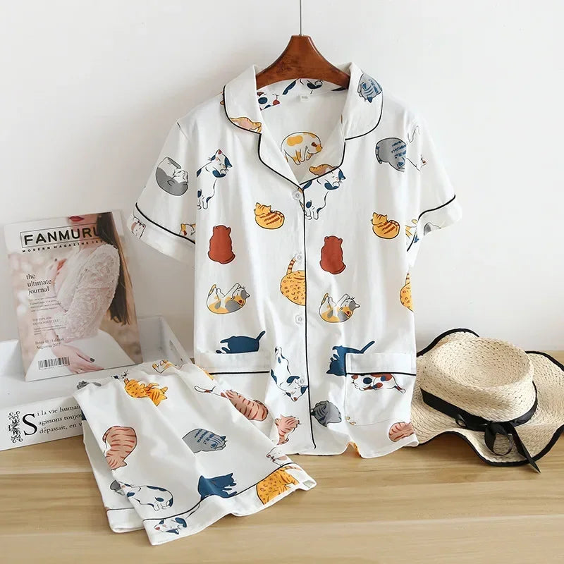 cotton short-sleeved shorts ladies pajamas set cute cartoon pajamas Japanese simple short pajamas women sleepwear