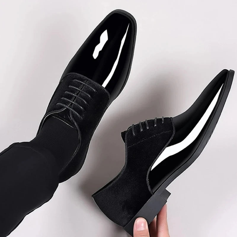 Black PU Patent Leather Shoes for Men Casual Business Shoes Lace Up