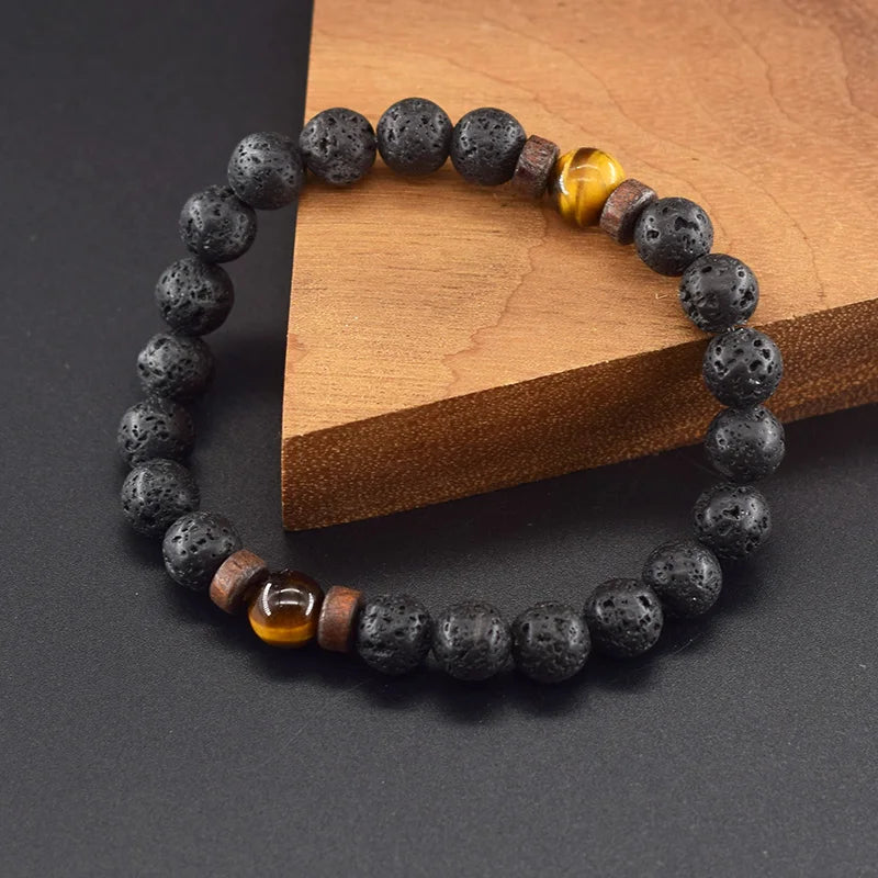 Natural Yellow Tiger Eye Bead Bracelet Men Women Black Volcanic Lava Wristband Tibetan Buddha Elastic Rope Couple Stone Bracelet