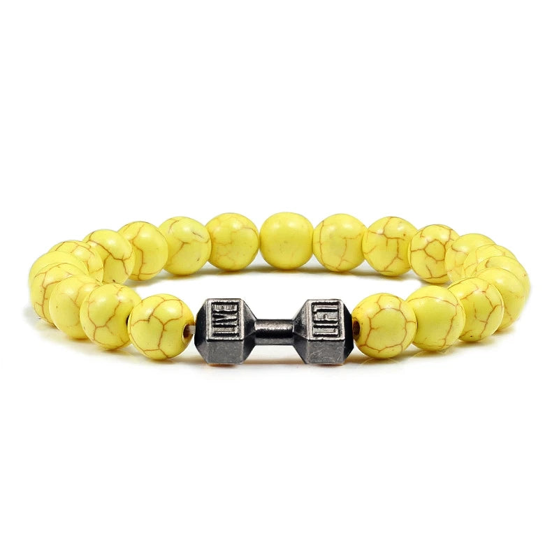 Natural Volcanic Stone Bracelet Men Matte Black Lave White Beads Charm Dumbbell Strand Bracelets Unisex Barbell Fitness Jewellery