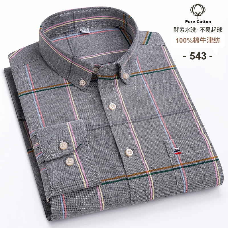 100% Cotton Oxford Men's Shirts Long Sleeves Plaid Soft Regular Fit Formal Dress