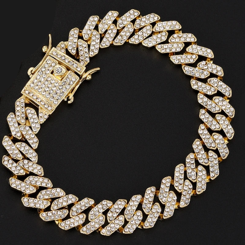 Hip Hop 13MM Rhinestones Prong Iced Out Cuban Link Chain Bracelet Men Women Gold Color Bling Butterfly Cuban Bracelet Jewellery