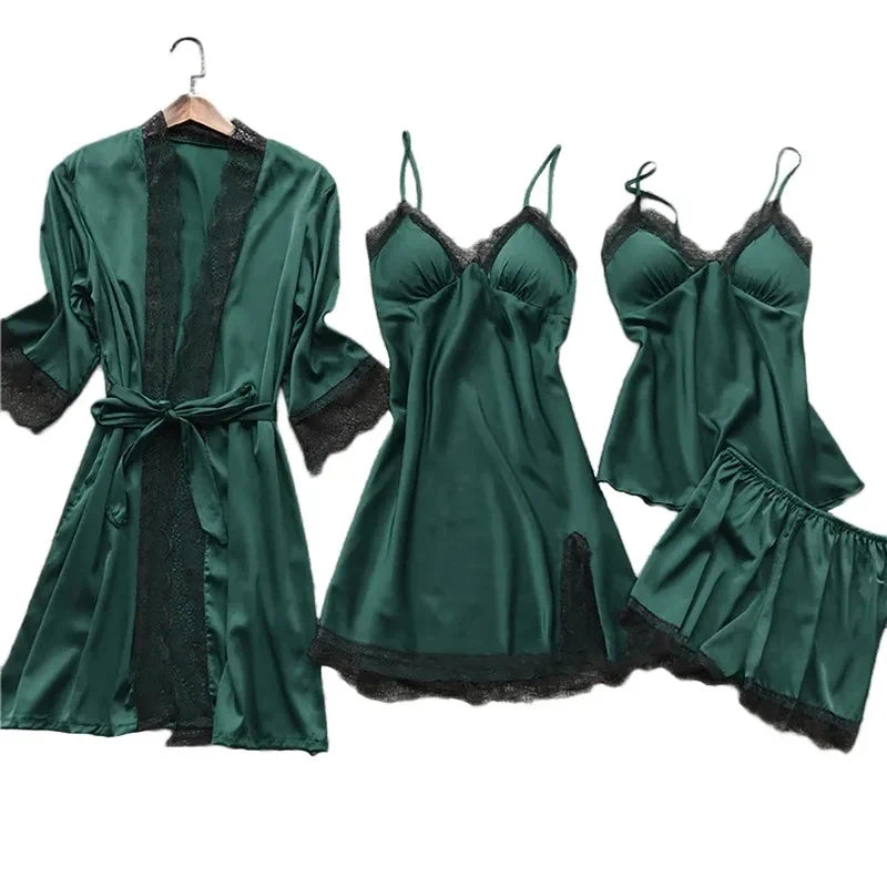 Four Piece Set of Women's Green Lace Trimmed Pajama Set Women's Home Long Robe Paired with Suspender Straps Pajama Set