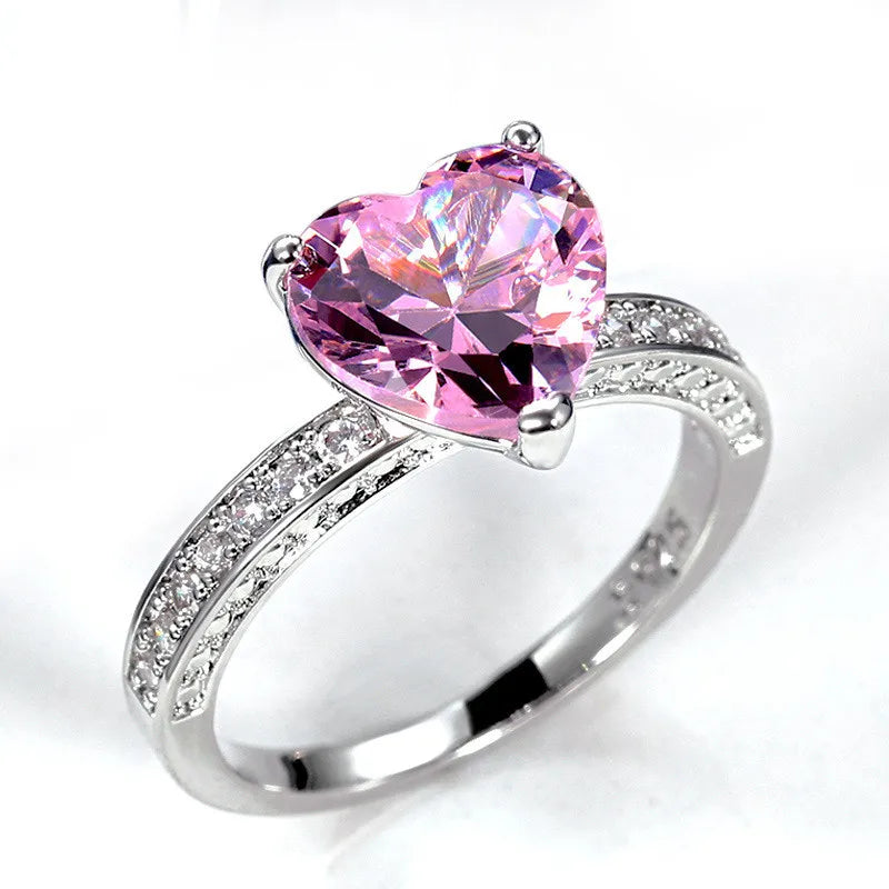 925 Sterling Silver Pink Heart Rings Women Brilliant Cubic Zirconia Bridal Wedding Party Rings Simple Stylish Female Accessories