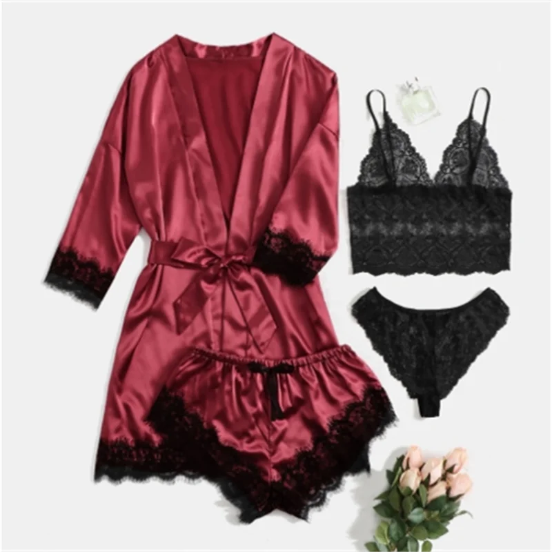 Hot Selling Women's Pajamas Set Lace Four piece Sling Set Casual Comfortable Pajamas