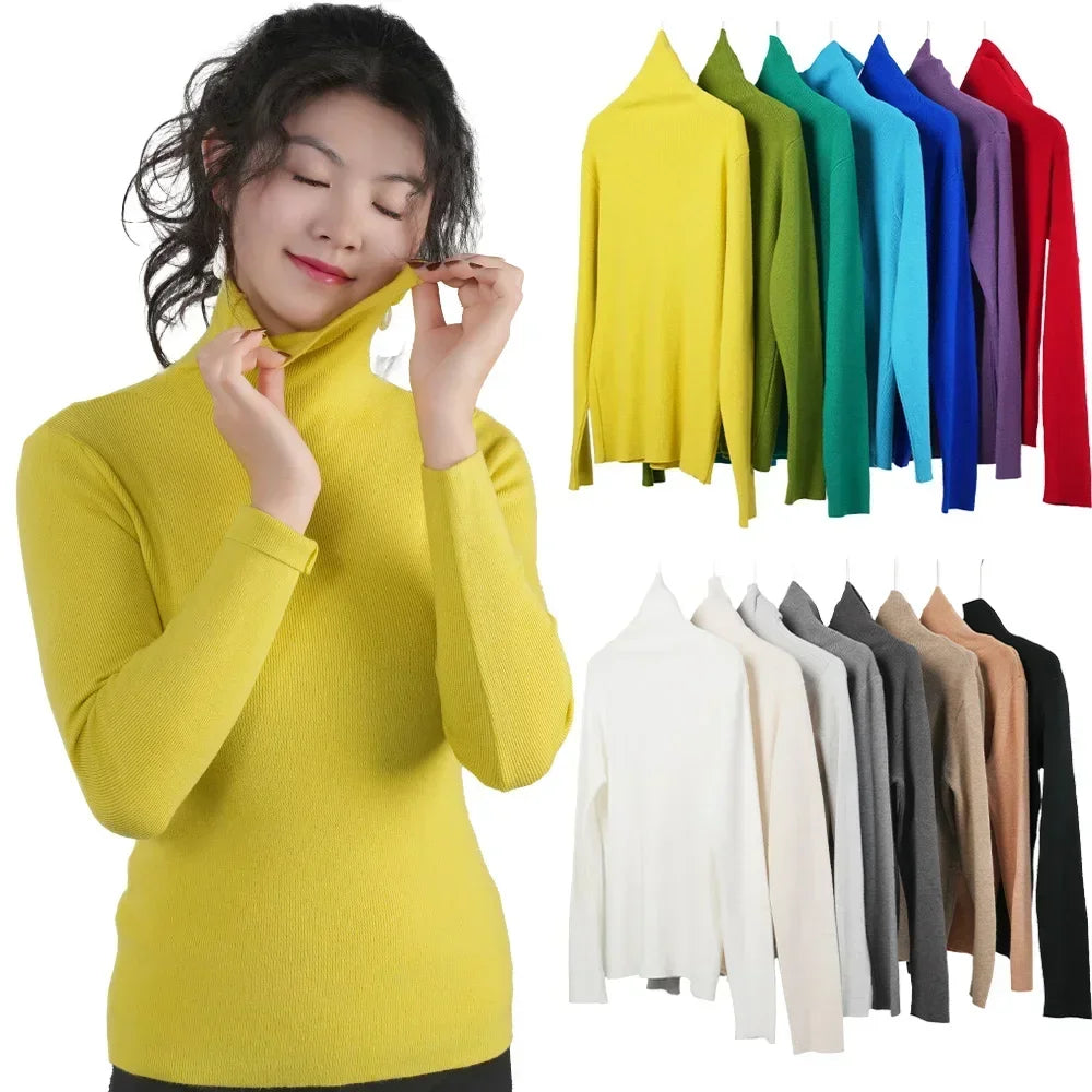 Women Long Sleeve Sweater High Collar Thermal Tops Turtleneck Woman Winter Thin Slim Jumpers Choker Sweaters