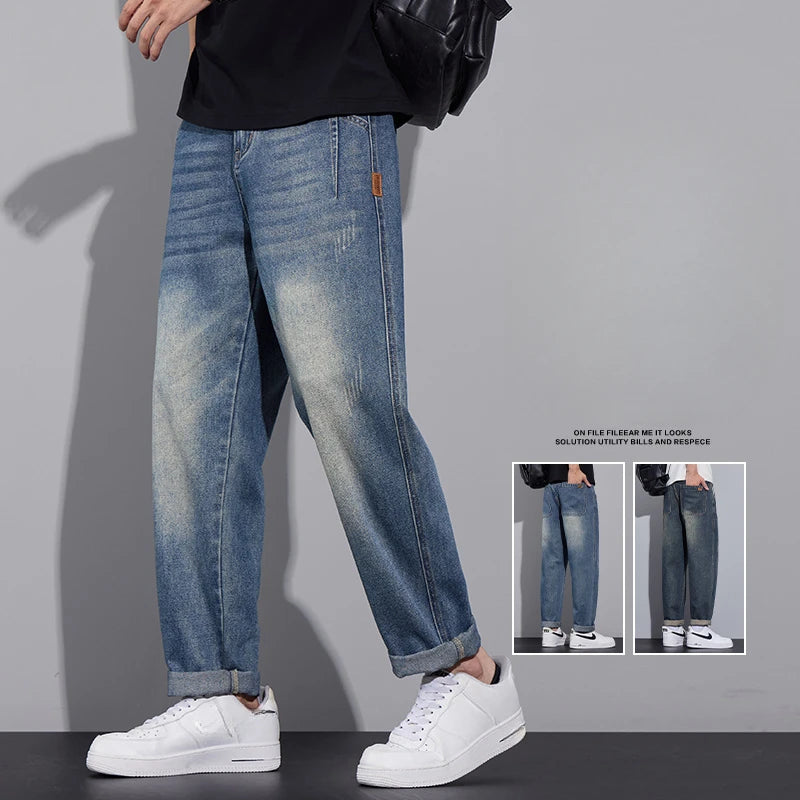 New Casual Drawstring Loose Micro-taper Men's Jeans Solid Color Streetwear Men Trousers