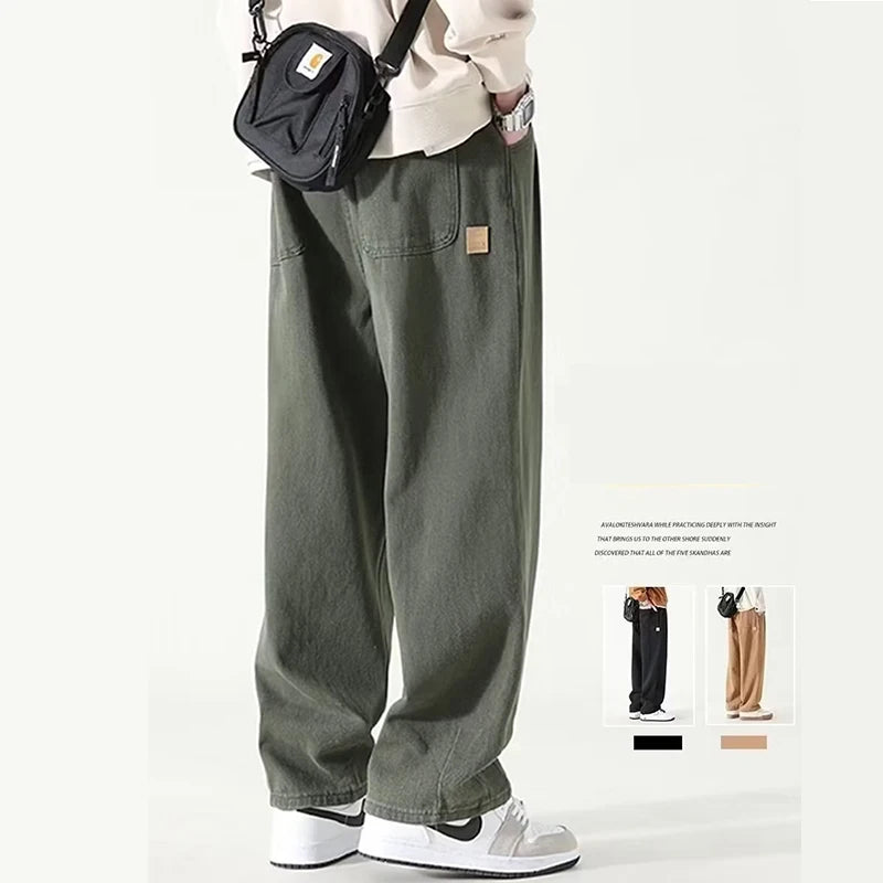 American Fashion Brand Wide Leg Pants Men Green Khaki Joggers Baggy Drawstring Cargo Trousers Men Y2K All-match Pants