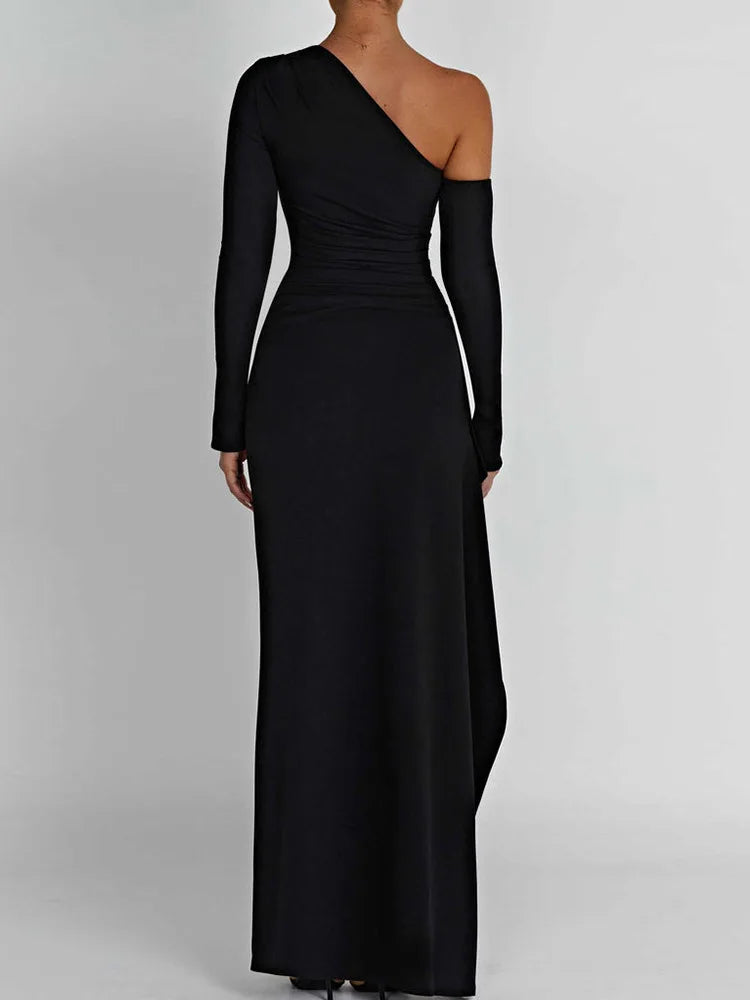 Women's Black One-shoulder Long Dress Sexy Bodycon High Waist Slit Robe Luxury Autumn Party Evening Cocktail Maxi Dress