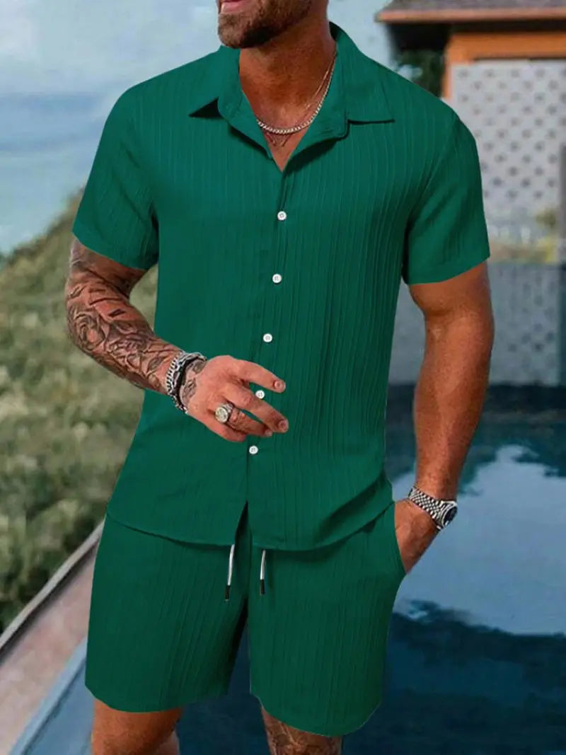 Men's Beach Suit, Striped and Solid Color Short Sleeve Shirt with Shorts, Sports Casual, Breathable, Lightweight, High-Quality Men's Wear.