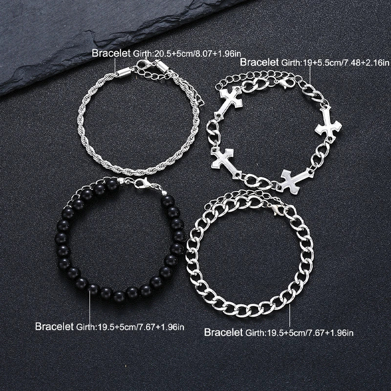 4 Pcs Stainless Steel Bracelet Set For Men Women Punk Fashion Cross Beads Chain Bracelets Simple Hip Hop Unisex Jewellery Gift