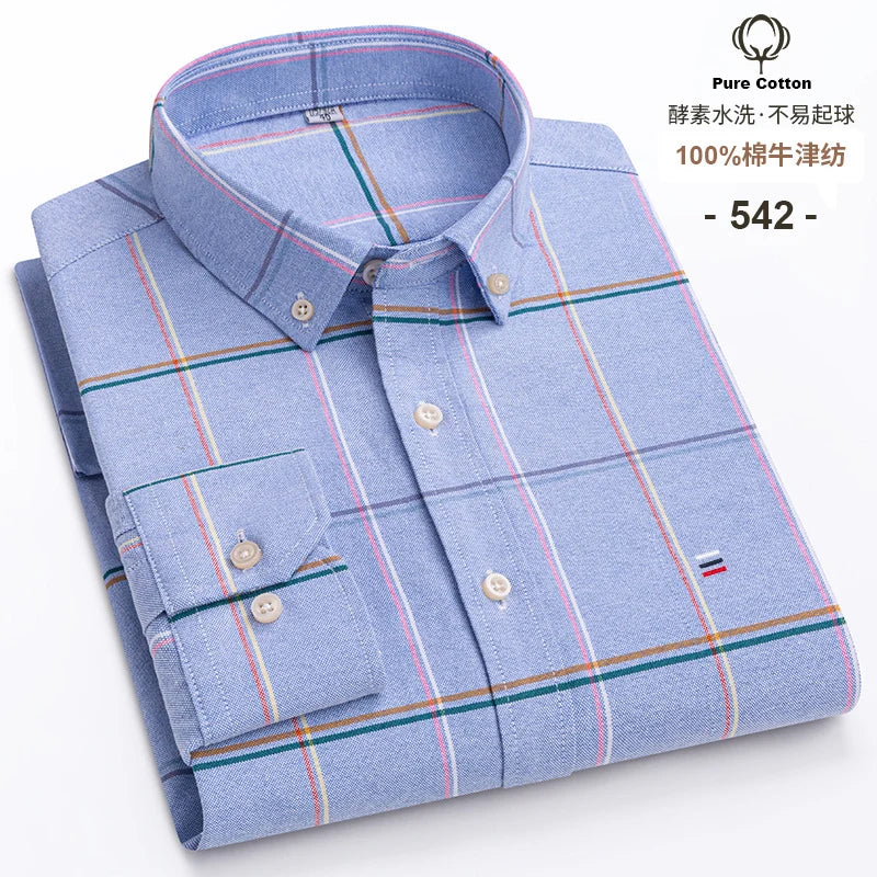 100% Cotton Oxford Men's Shirts Long Sleeves Plaid Soft Regular Fit Formal Dress