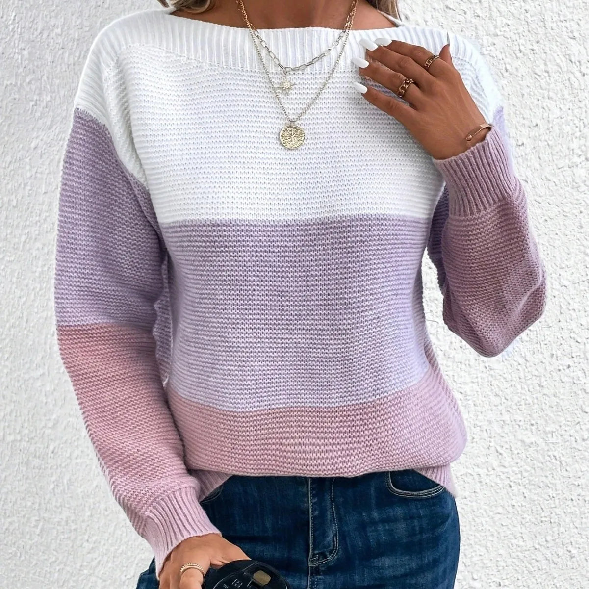 Elegant Three-color Patchwork Sweater Women Daily Commuter Casual Loose Jumpers Female Autumn Winter Knitted Thickened Warm Tops