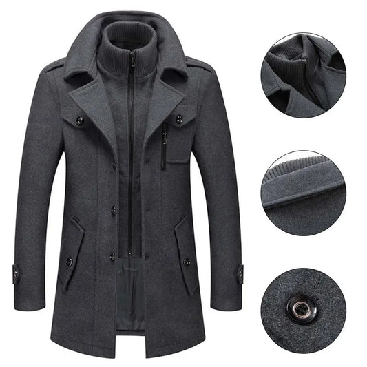 Stylish Coat Temperament Zipper Buttons Coat Solid Color Autumn Winter Men Jacket for Business