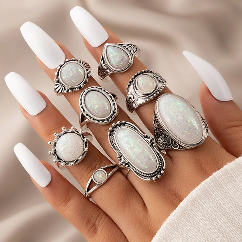 8pca Set Of Opel Ring Set European And American New Simple Ladies Party Style Ring