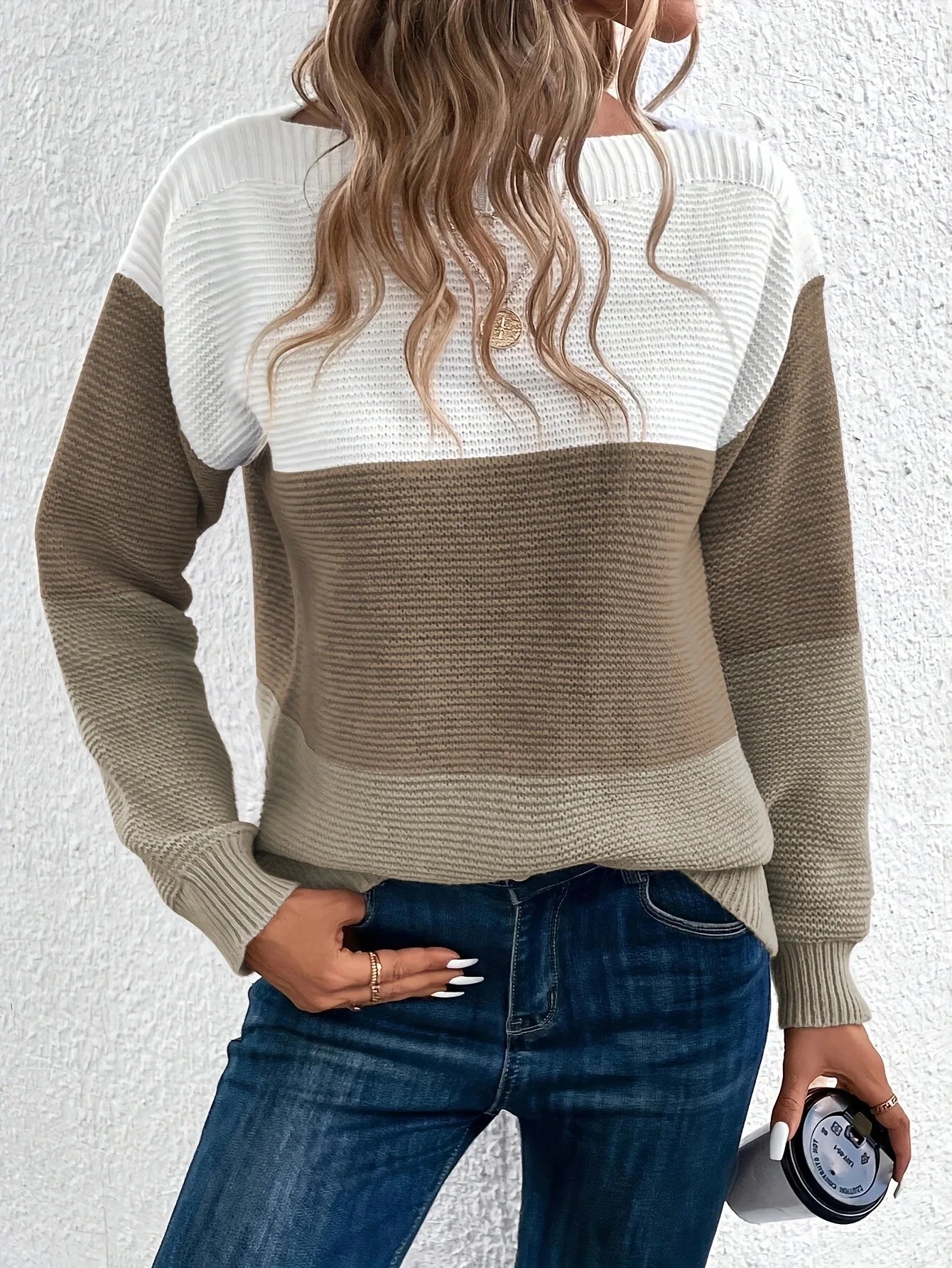 Elegant Three-color Patchwork Sweater Women Daily Commuter Casual Loose Jumpers Female Autumn Winter Knitted Thickened Warm Tops