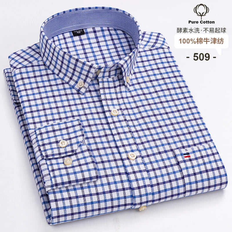 100% Cotton Oxford Men's Shirts Long Sleeves Plaid Soft Regular Fit Formal Dress