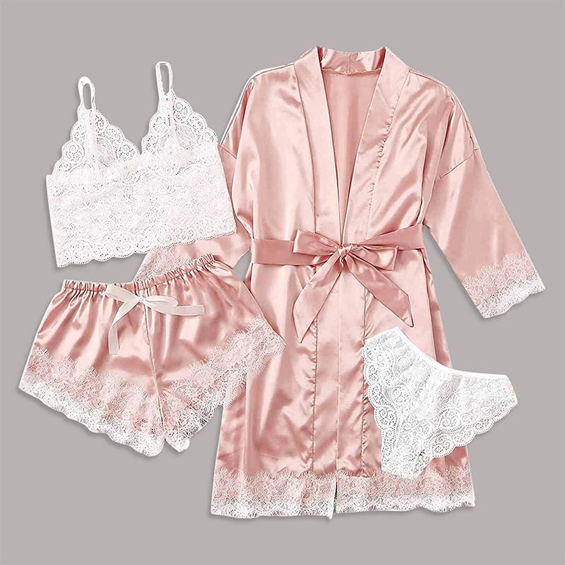 Four Piece Women's Sleepwear Set Nightgown Paired with Lace See Through Sexy Suspender Close Fitting Underwear Sleepwear Set