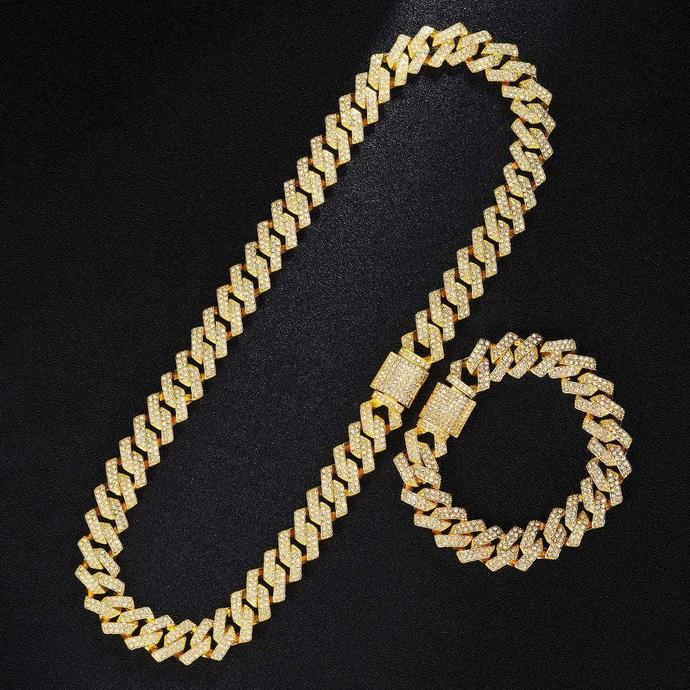 Gold Color Cuban Chain Watch for Men,Hip Hop Miami Curb,Iced Out Paved Rhinestones,Bling Rapper Necklace, Watch+Bracelet Jewellery