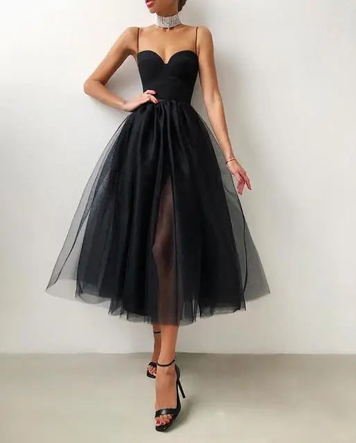 Ladies Sexy Sleeveless Tulle Mesh Dress Evening Party Solid Sundress Women Elegant Ball Gown Dress