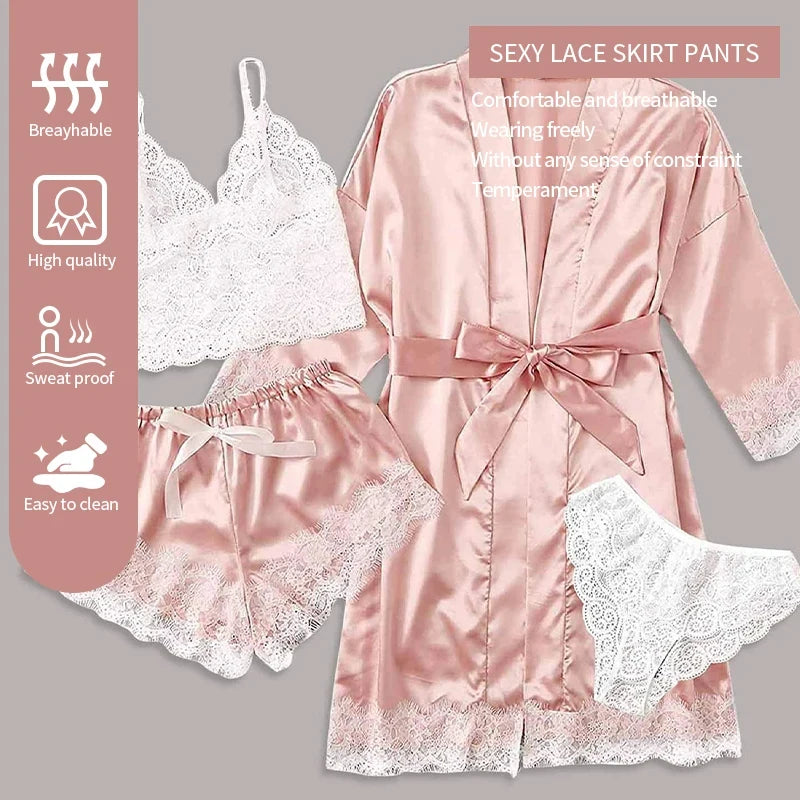 Four Piece Women's Sleepwear Set Nightgown Paired with Lace See Through Sexy Suspender Close Fitting Underwear Sleepwear Set