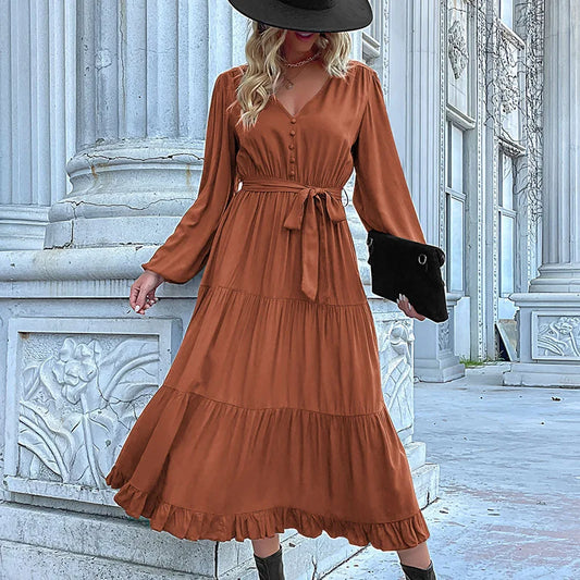 Women Casual Long Sleeve v Neck Fall Dress Bohemian Ruffled Relaxed Fit Solid Maxi Dresses Tiered Cocktail Dress