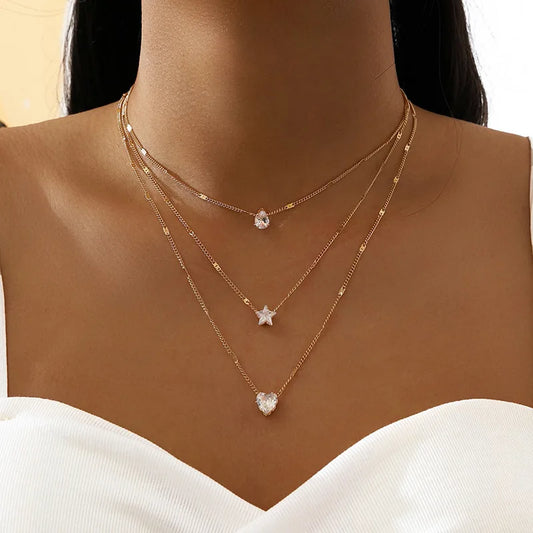 Trendy Zircon Pendant Necklace For Women Multilayer Chain Choker Fashion Female Party Shiny Jewellery Gift