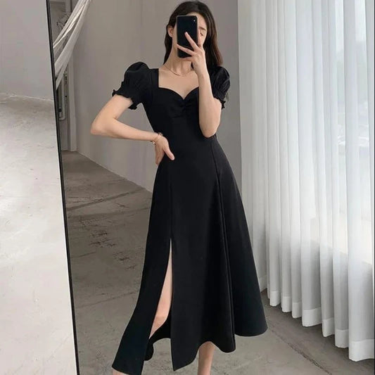 Solid Puff Short-Sleeved Elegant Dress Women Clothing Slim Evening Party Dresses