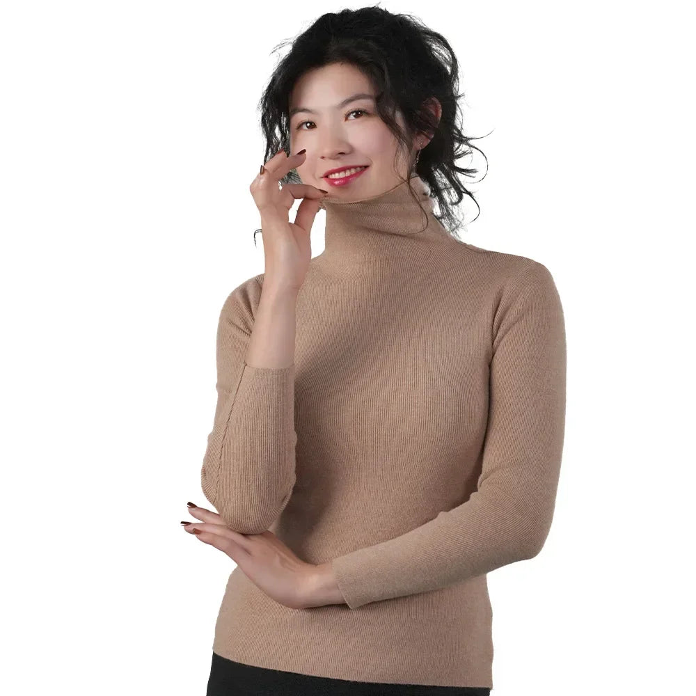 Women Long Sleeve Sweater High Collar Thermal Tops Turtleneck Woman Winter Thin Slim Jumpers Choker Sweaters