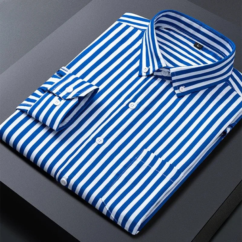 Men's Striped Shirts Formale Casual Printed Plaid Shirt Long Sleeve Slim Fit Botton Down Male Office Business Dress Shirt