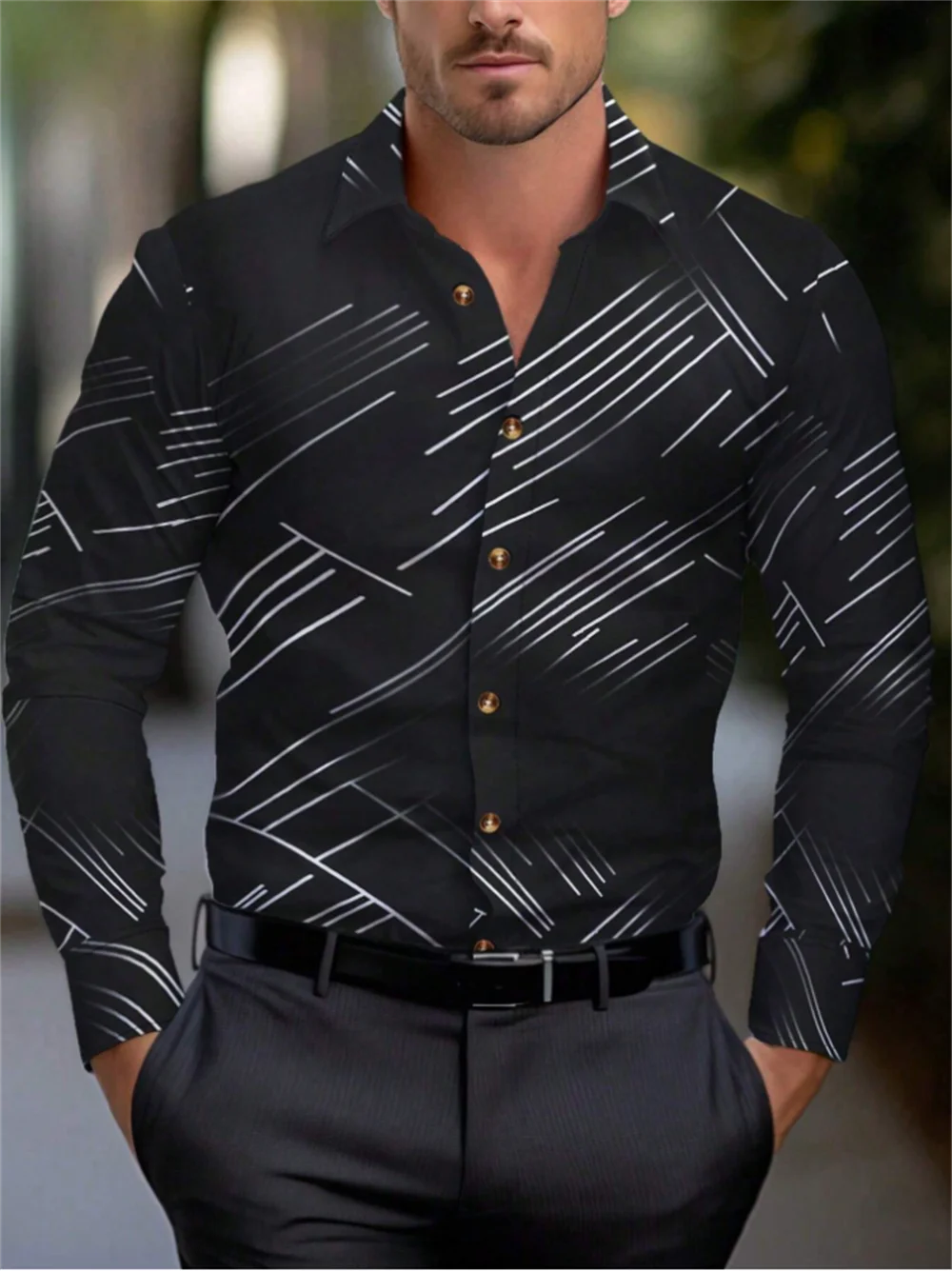 Striped Long Sleeve Shirt Fashion Sports Men's Shirt Lapel Large Size Breathable Men's Clothing Button Design