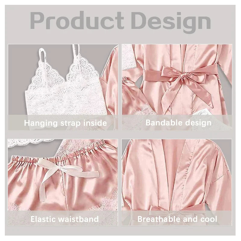 Four Piece Women's Sleepwear Set Nightgown Paired with Lace See Through Sexy Suspender Close Fitting Underwear Sleepwear Set