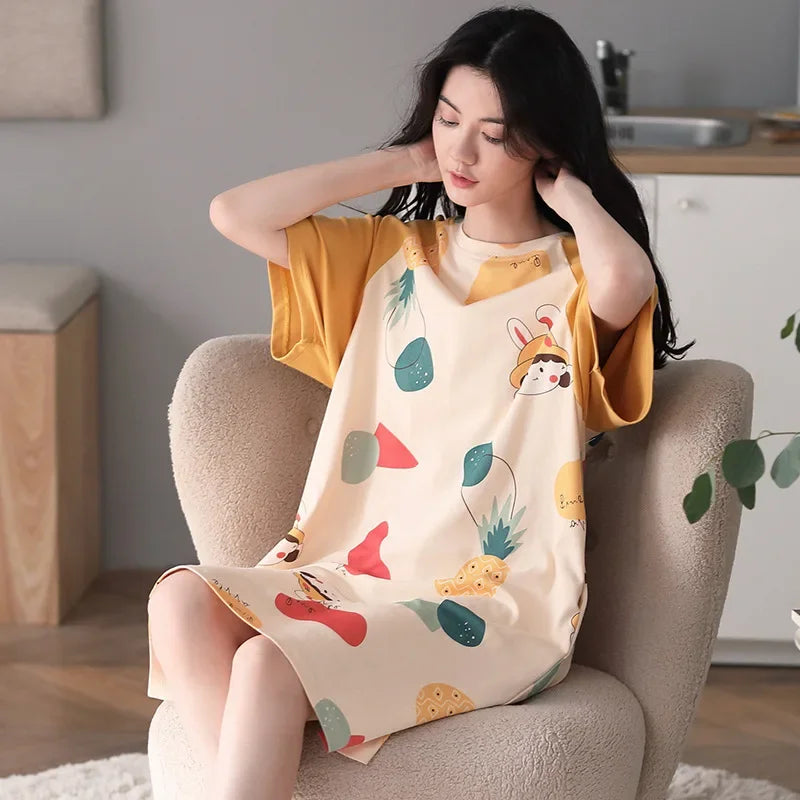 Women's  Cotton Sweet Short Sleeve Nightgown Sleep Dress Outerwear Home Clothes Dress