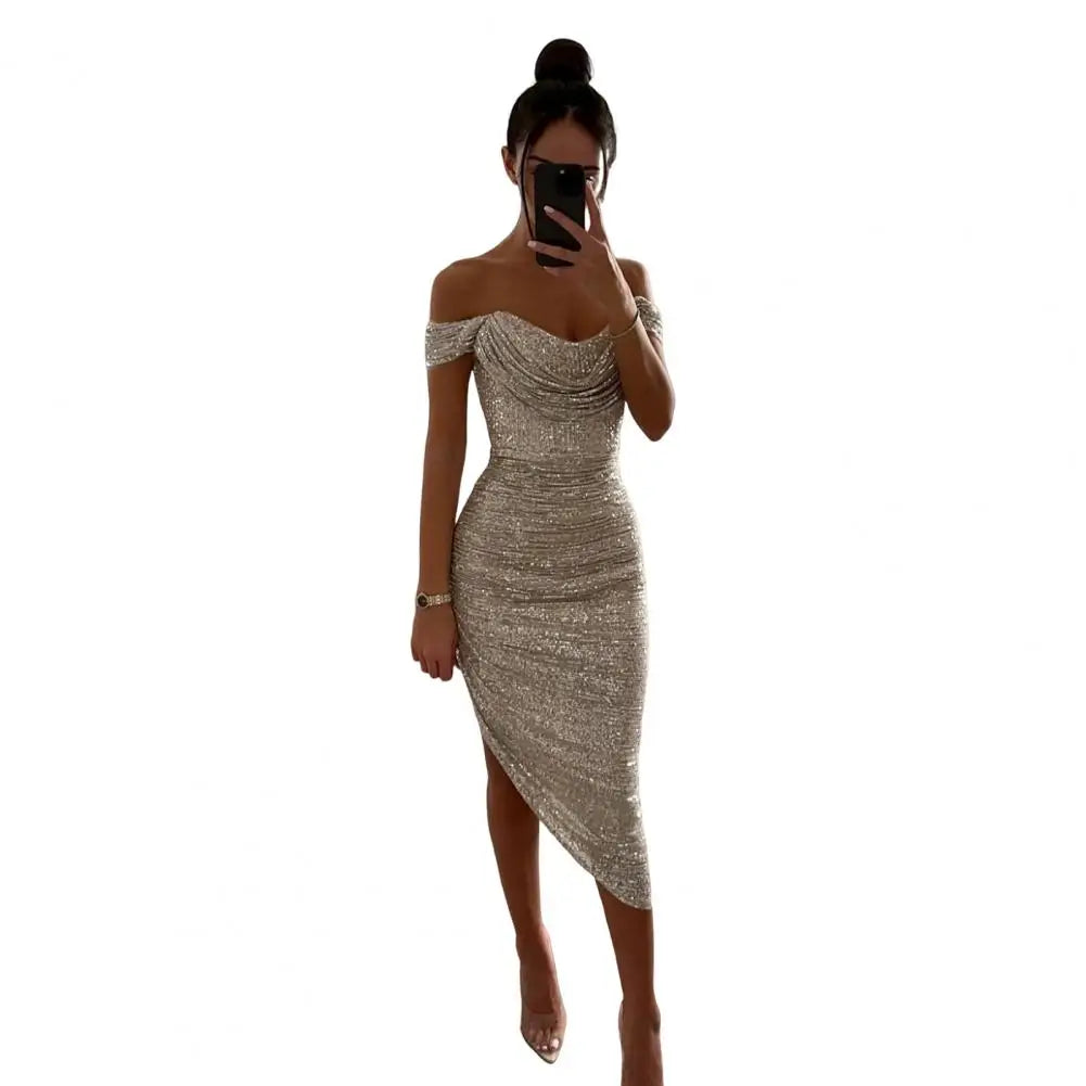 Sequined Evening Gown Sexy Low-cut Off Shoulder Slim Fit Bodycon Dress Shinny Sequins Irregular Hem Cocktail Party Midi Dress