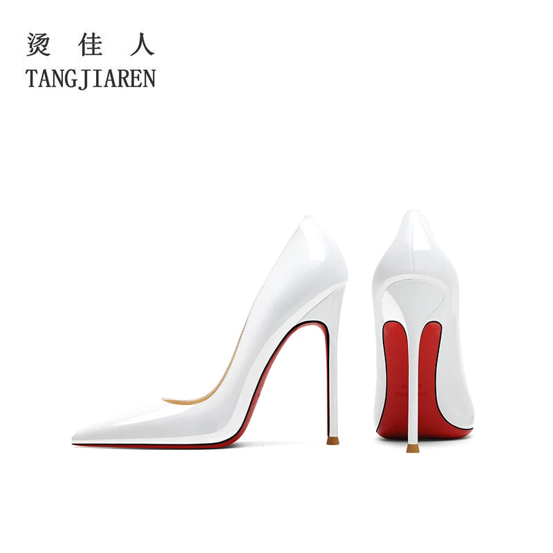 Lacquer leather wine red high heels, women's thin heels, sexy shallow mouth, large size, spring and autumn new pointed toe