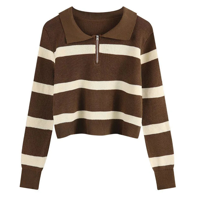 Women's Turndown Collar Striped Sweater Vintage Loose Long Sleeve Knitwear Female Autumn Winter Warm Knitted Jumper Top